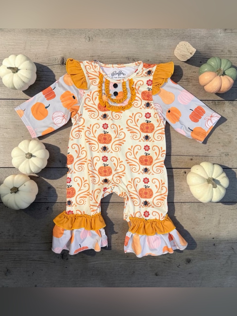 NEW!!  Ruffles by Tutu and Lulu Pumpkin Ruffle Baby Romper in Orange & White